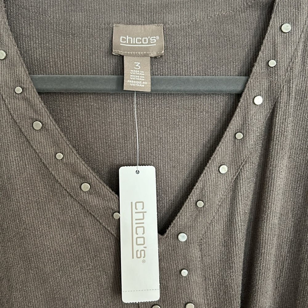 Chico’s size 3 NWT embellished faux suede long sleeve shirt. Hearthstone Taupe. - Picture 9 of 9